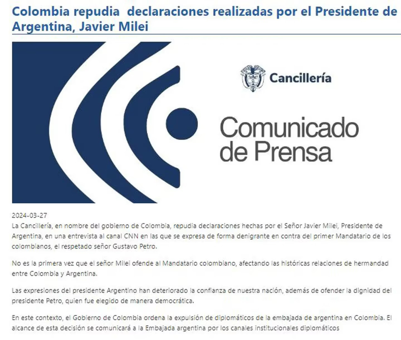 Comunicado de la Cancillería colombiana (Foto: Cancillería)