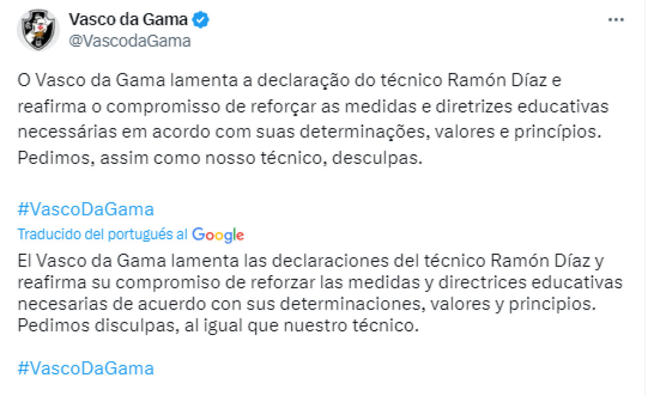 El mensaje del Vasco da Gama tras los dichos de Ramón Díaz. Foto: Captura.